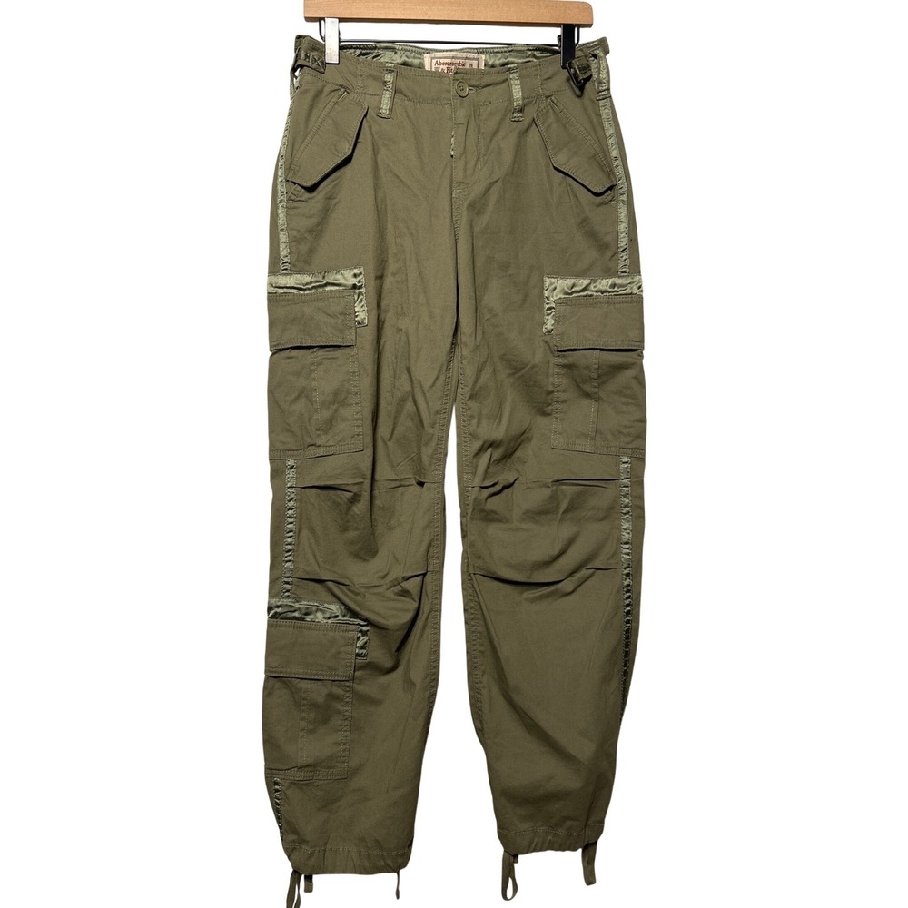 VTG Abercrombie & Fitch Olive Green Satin Trim Cargo Pants Size 26 EUC